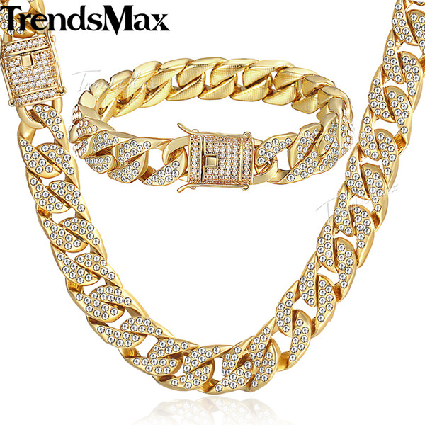 Womens Men's Jewelry Set Gold Miami Curb Cuban Link Chain Necklace Bracelet Sets For Men Iced Out Hip Hop Jewelry 14mm KGS262