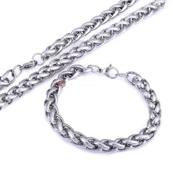 6mm wheat Chain Necklace + Bracelet Set Cable Link Stainless Steel Jewelry set Silver for Mens women Holiday Gifts