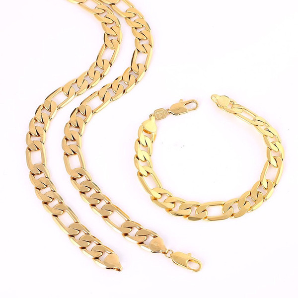 Yellow Gold Filled 10mm Mens Bracelet + Necklace Jewelry Set Figaro Chain (24