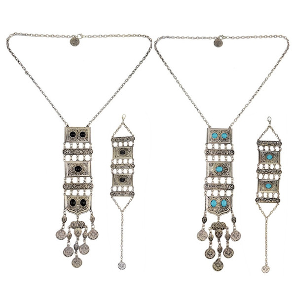 Gypsy Vintage Silver Metal Geometric Collier Maxi Statement Coin Pendant Necklace & Bangle Sets Women Turkish Boho Jewelry Sets