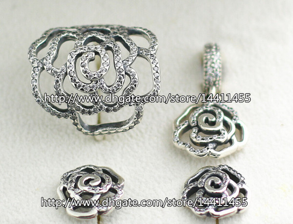 925 Sterling Silver Ring & Earrings and Jewelry Charms Pendant Sets Fits European Pandora Jewelry Bracelets & Necklaces-Shimmering Rose