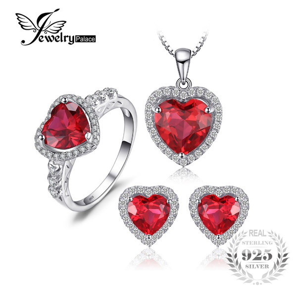 JewelryPalace Heart of Sea Love Created Ruby Ring Stud Earings Pendant Necklace 925 Sterling Silver Jewelry Sets Fine JewelryY1882503