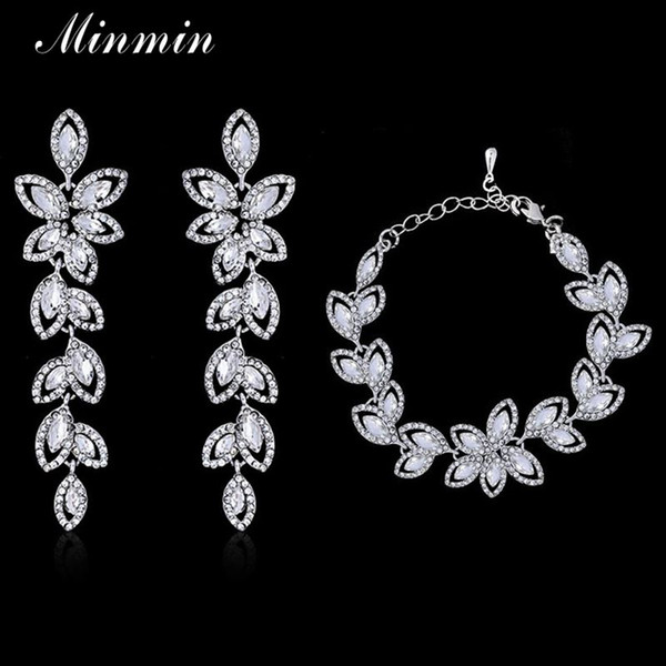 Crystal Leaf Bridal Jewelry Sets Silver Plated Bracelets Earrings Sets Wedding African Beads Jewelry Sets SL046+EH282