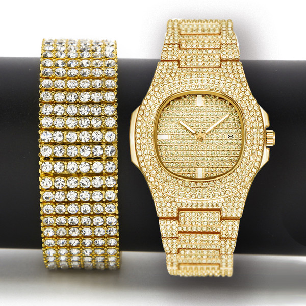 Men Hip Hop Iced Out Bling Simulated Lab CZ Luxury Gold Silver Watch & Zircon Bracelet Gift Set