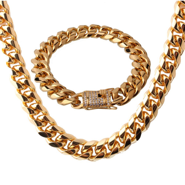 Fashion Jewelry 316L Stainless Steel Gold Maimi Cuban Curb Link Chain Mens Womens Necklace 24