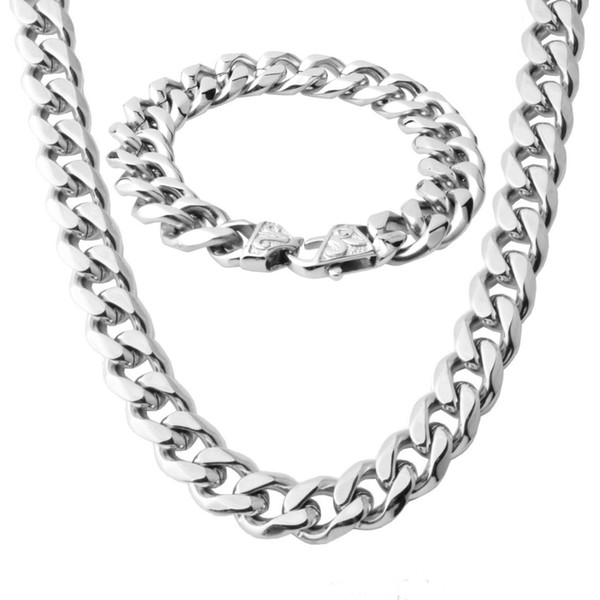 Fashion Gift 13/15mm Wide Mens Chain Necklace Curb Cuban Link Silver Tone Stainless Steel Necklace Bracelet Jewelry Set