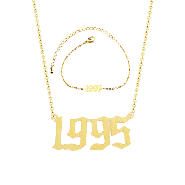 Gold Old English Number Bracelet Custom Letter Date Long Chain Necklaces Personalized Engrave Gothic Jewelry Set For Women Men