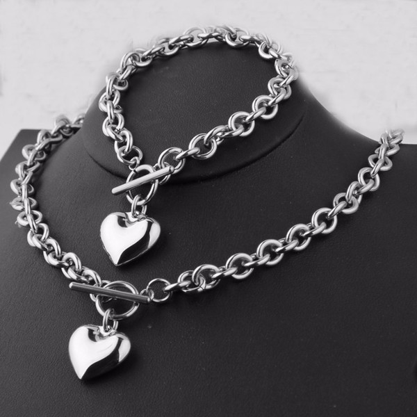 8MM Silver Shiny Gift Women's Jewelry Sets Stainless Steel Rolo Link Chain Love Heart Pendant Bracelet&Necklace Jewelry