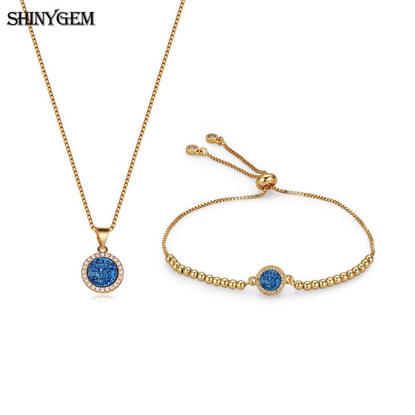 wholesale Minimalism Gold Necklace & Bracelet Jewelry Sets Real Natural Druzy Crystal Sparkling Gem Stone Jewelry Sets For Women