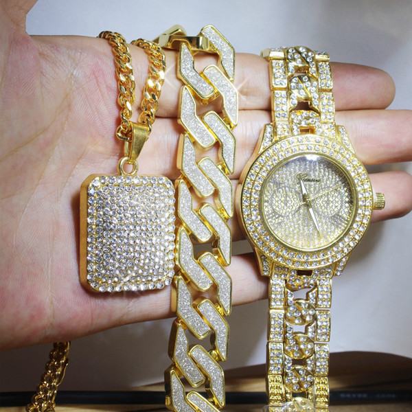 Men Hip Hop Full Iced Out Lab CZ AAA Watch & Bracelet & Iced Square Necklace Combo Set Jewelry