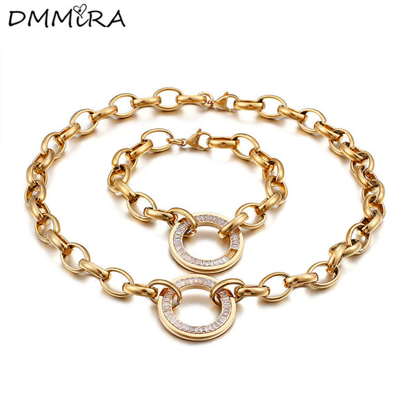 Fashion Women Like Silver Gold Stainless Steel Round Hollow Cricle Crystal Hook-ups Link Chain Bracelets Necklace Jewelry Sets