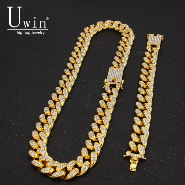 wholesale 2cm Miami Cuban Chain Necklace & Bracelet Set Iced Out Crystal Rhinestone Gold Silver Hip Hop Jewelry For Gift