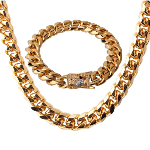 Heavy Gold Color 15mm Wide Miami Link Chain Necklace Bracelet Set Stainless Steel Jewelry Sets for Men Gift Collares