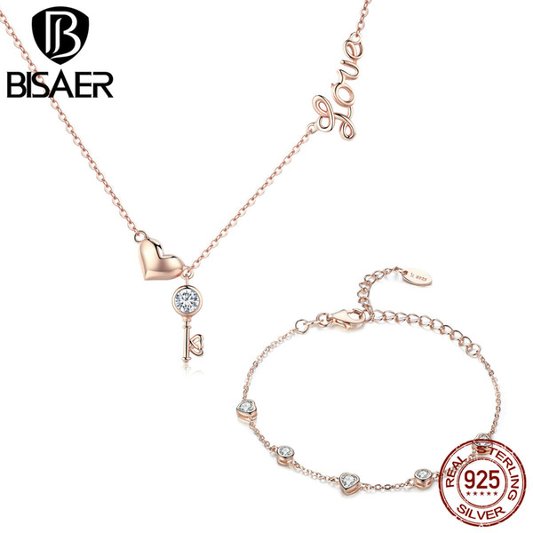 BISAER 925 Sterling Silver Jewelry Set Gold Color Love Key of Heart Rings Women Bride Bridal Jewelry Sets Silver Jewelry Set