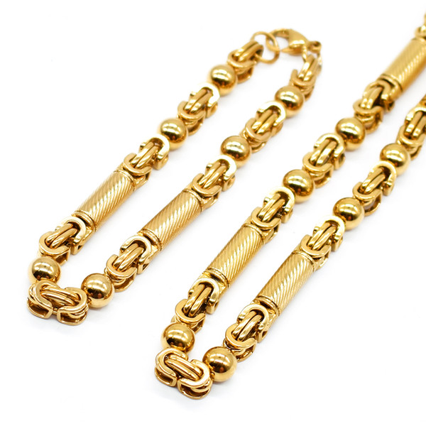 wholesale JEWELRY SET 6mm Mens Chain Boys Bracelet Gold Tone Flat Byzantine Link Stainless Steel Necklace Bracelet Set KTZ180