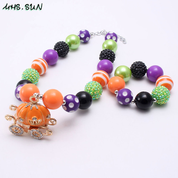 wholesale Halloween pumpkin pendants chunky beads necklace bracelets set for child/kids/girls party jewelry set orange/black beads