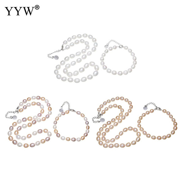 2018 Natural Cultured Freshwater Pearl Jewelry Sets Bracelet Necklace Rice Shape Charm Lobster Clasp Bracelet Necklace