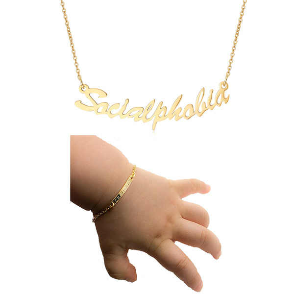 Gold Personalized Name Baby Baptism Gift Stainless Steel Custom Bracelet Necklace Jewelry Set gift for Mother's day