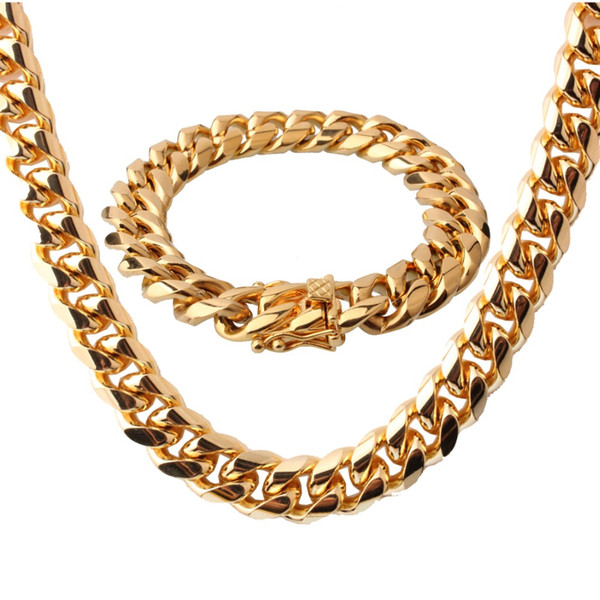 Chunky Big Miami Curb Cuban Chain Necklace And Bracelet Set For Men Stainless Steel Gold Color Jewelry Sets Trendy