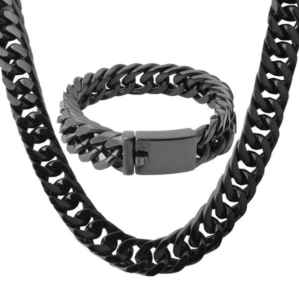 15mm Wide Cool Heavy 316L Stainless Steel Black Tone Cuban Curb Link Chain Men's Necklace 24