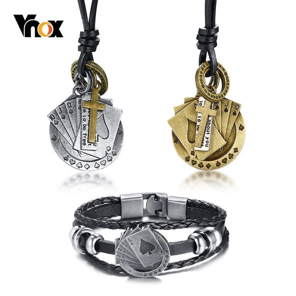 wholesale Lucky Vintage Men's Leather Bracelets and Necklaces Jewelry Sets Playing Cards Raja Vegas Charm Multi-layer Braided Women