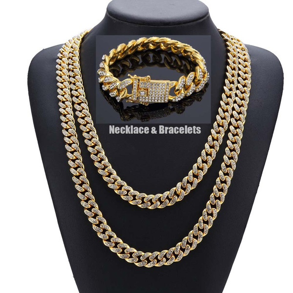 HipHop Bling Bling Full Cubic Zirconia Men Women Jewelry Sets MIAMI CUBAN LINK CHAIN Iced Out Punk Chains Necklace Bracelets