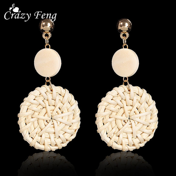 2018 New Korean Handmade Braided Geometric Round Wooden Women Summer Rattan Weave Long Dangle Earrings Female Jewelry haif