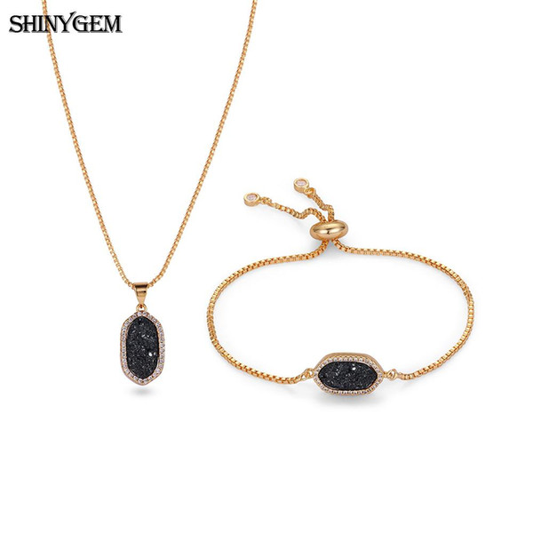 wholesale 10 Colors Sparkling Druzy Natural Gem Stone Jewelry Set Gold Plating Chain Necklace Bracelet Jewelry Set For Women 2019