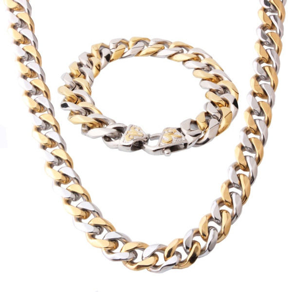 wholesale Hot Sale 15mm 316L Stainless Steel Necklace Bracelet Set for Men Silver Gold Color Curb Cuban Link Men's Chain