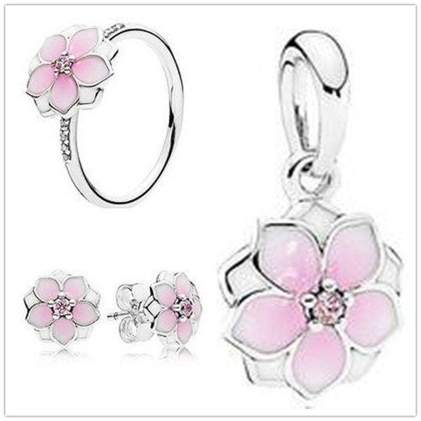 925 Sterling Silver Ring & Earrings & Jewelry Charms Pendant Sets Fits European Jewelry Bracelets & Necklaces-Magnolia Sets