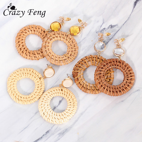 Korea Handmade Crystal CZ Stone Geometric Big Hollow Out Round Circle Rattan Straw Weave Long Dangle Earrings for Women Girl haif