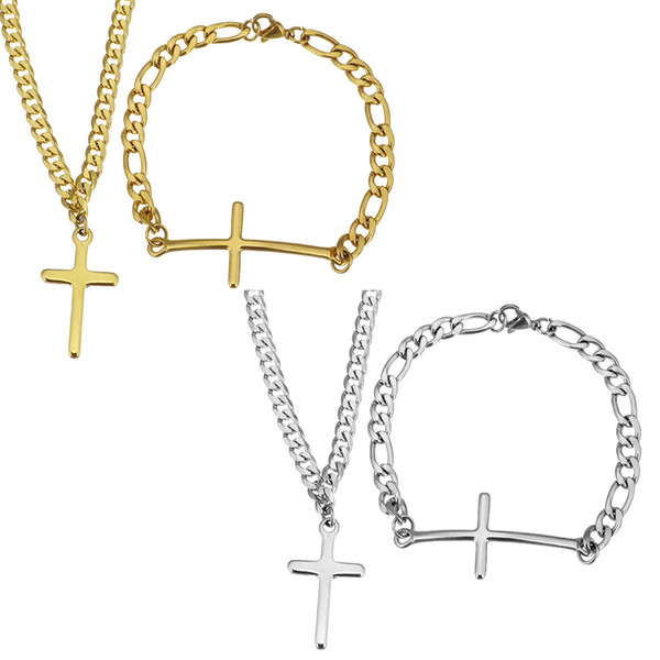 2018 Fashion For Woman Men Boys Stainless Steel Jewelry Sets Dropshipping Jewelry Gift Bracelet & Necklace Cross Curb Chain