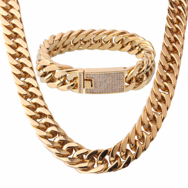 15mm Gold Clear Stone 316L Stainless Steel Buckle Miami Curb Cuban Link Chain Bracelet&Necklace Men's Jewelry Set 18-32