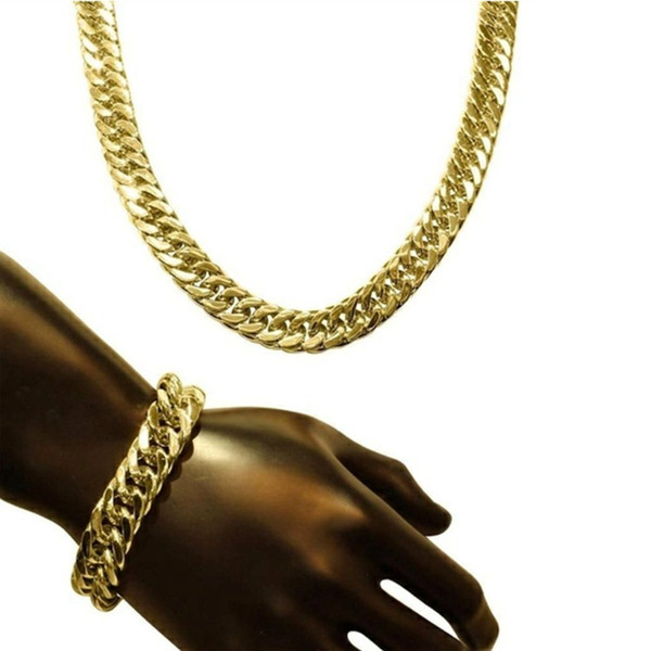 Chunky Statement Jewelry Set Yellow Gold Filled Solid Thick Chain Mens Necklace + Bracelet Sets (24