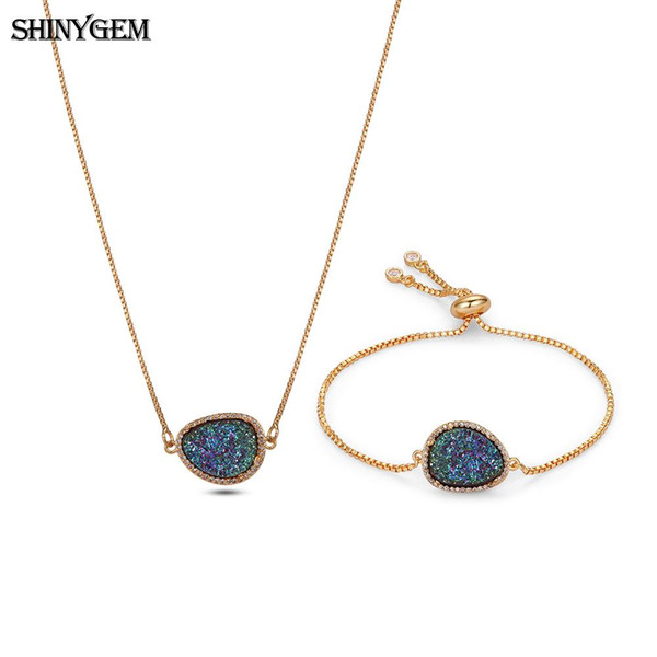 wholesale 10 Colors Gold Plating Vintage Retro Similar Water Drop Sparkling Druzy Stone Necklace Bracelet Jewelry Sets For Women