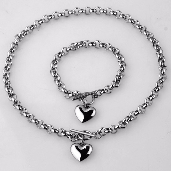 Women Girls Gift Silver Tone Jewelry Sets Gift Stainless Steel Rolo Chain Hollow Heart Pendant Jewelry Bracelet and Necklace