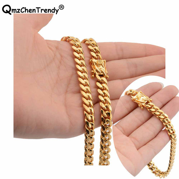 10mm Hiphop Cowboy Miami Cuban Curb Link Chain Necklaces Bracelet Stainless steel Gold Men's Hip hop Link Necklace Jewelry set