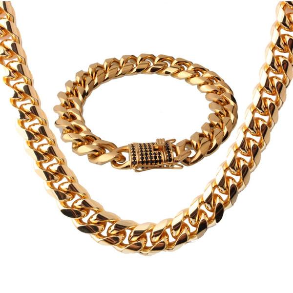 Trendy Black Stone 316L Stainless Steel Gold Maimi Cuban Curb Link Chain Men Women Necklace 24