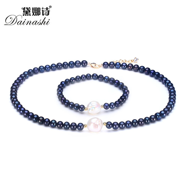 wholesale Elegant Black Natural Pearl Jewelry Sets ,Necklace & Bracelet Set, High Quality Fashion Women Jewelry Best Gift