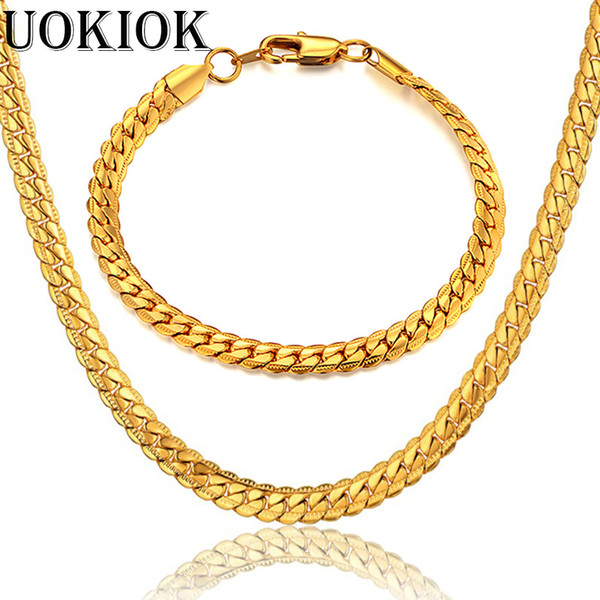 7MM Men's Women's Snake Link Bracelet & Chain Set Wholesale Dubai African Gold Color Vintage Necklace Chain Jewelry Sets S570