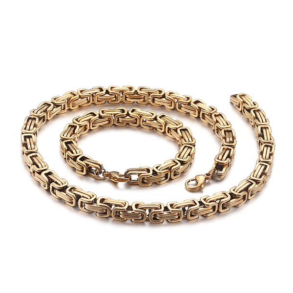 wholesale One Set of Gold Stainless steel 5mm/6mm/8mm Wide King Byzantine Link Chain Bracelet & Necklace Set Unisex Men Women Gifts