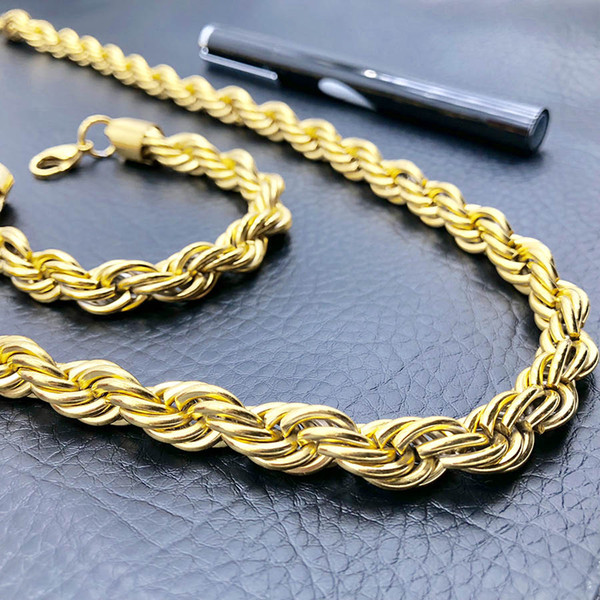 Huan Wen Man Width 7/10mm Gold Silvery Rope Chain Necklace Bracelet 2PCS Statement Swag Stainless Steel Twisted NK024