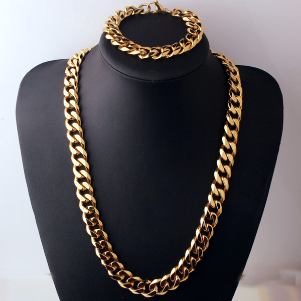 Top Quality Gold Tone Jewelry Set 15mm Wide Heavy Men Curb Cuban Link Chain 316L Stainless Steel Necklace&Bracelet