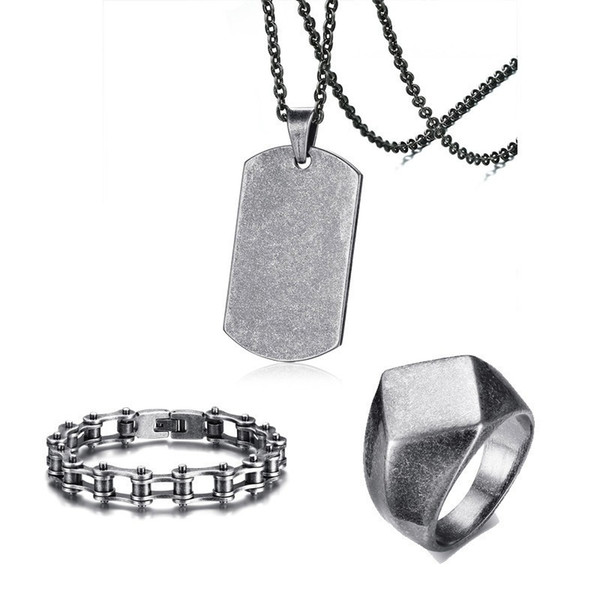 Mens Vintage Gray Jewelry Set Stainless Steel Dog Tag Pendant Necklace and Bike Chain Bracelet Quadrangle Flat-Top Signet Ring