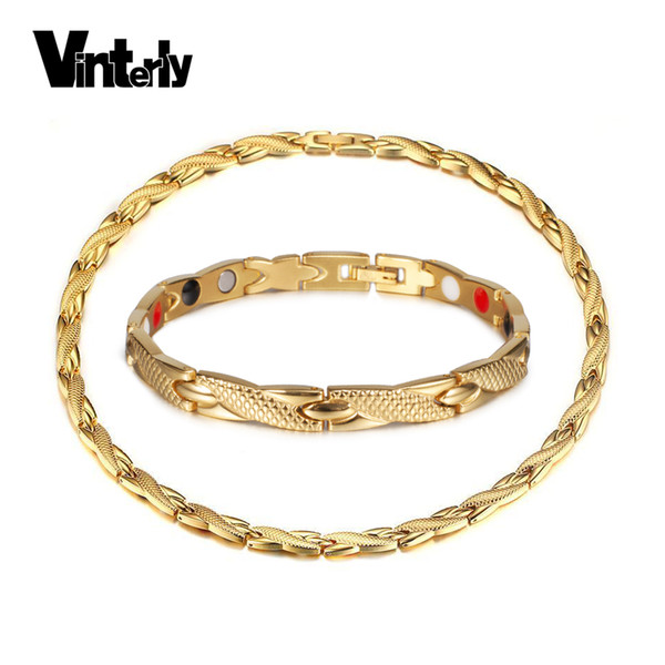 wholesale Magnetic Bracelet Necklace for Men Women Gold-color Stainless Steel Jewelry Set Chain Health Energy Jewelry Sets Femme