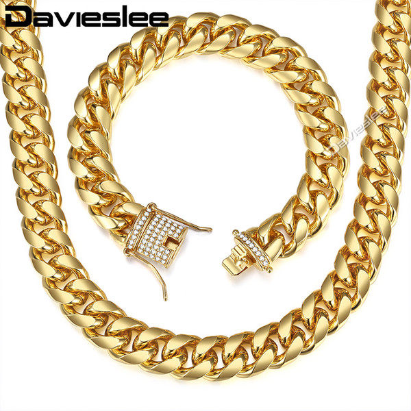 wholesale Jewelry Set For Men Gold Miami Curb Cuban Link Chain Bracelet Necklace Sets Iced Out CZ Hip Hop Male Gifts 14mm LGS284