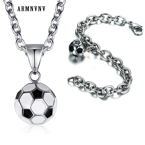 wholesale Men Sport Bracelet Necklace Set Stainless Steel Football Pendant and Chain Bracelet Necklace Punk Jewelry Set