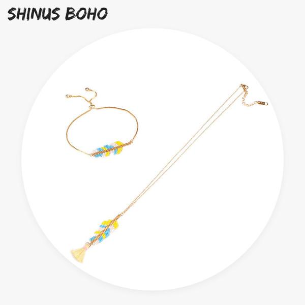 SHINUSBOHO Multi-color Leaves Seed Beads Necklace for Women Yellow Tassel Pendant Bracelet Adjustable Handmade Jewelry Sets