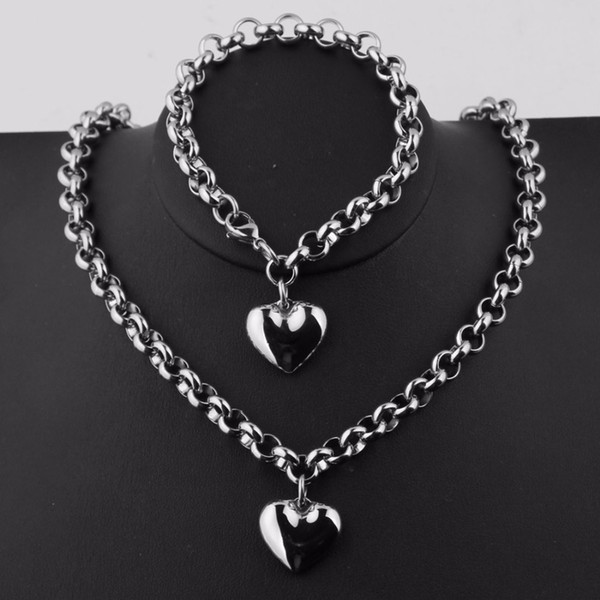 High Quality Women's Jewelry Sets Silver Stainless Steel 8mm Wide Rolo Link Chain Heart Pendant Bracelet and Necklace Jewelry