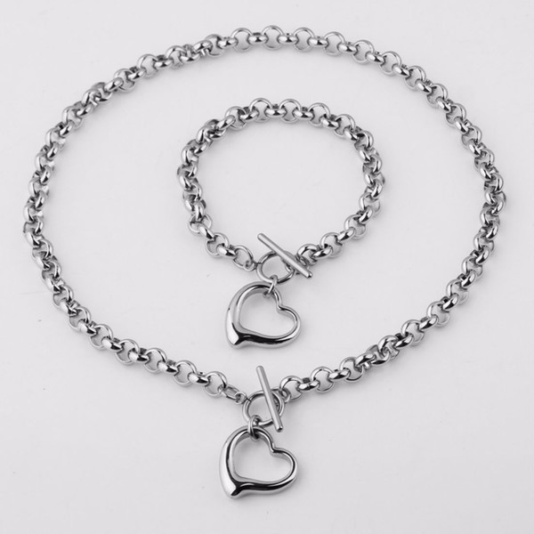 Top Quality Women's Jewelry Sets Silver Stainless Steel 8MM Rolo Chain Hollow Heart Pendant & Bracelet Choker Necklace Jewelry